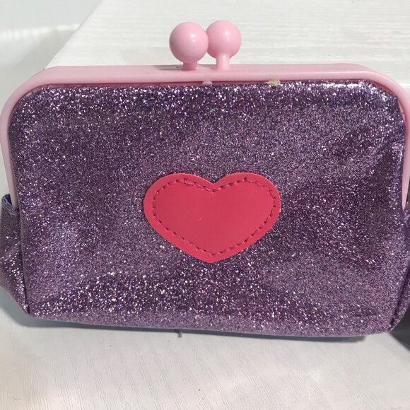 Purple Glitter Coin Purse With Pink Heart Cute Sparkly Change Holder 5" x 3.75" - Picture 5 of 6